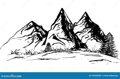 Landscape, Mountain Silhouette, Freehand Drawing, Vector Black and White Illustration on a White ...