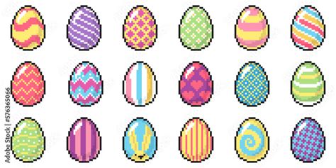 Easter egg icons in pixel art style with intricate patterns and motifs. 8 bit isolated vector ...