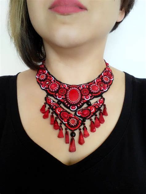 Red chunky necklaces for women Bead embroidered necklace Coral | Etsy ...