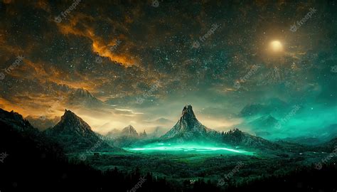 Premium Photo | Mountain night landscape with mystical green light ...