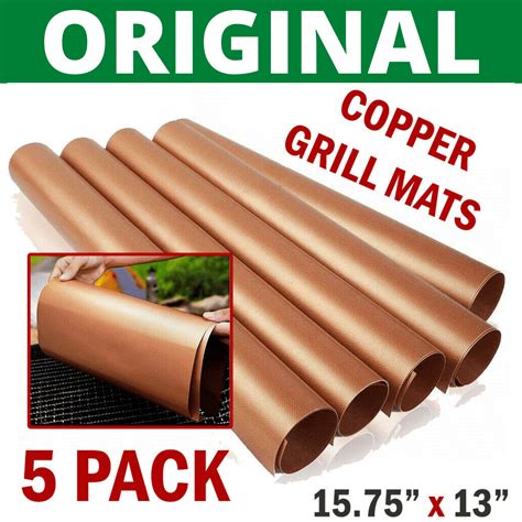 5pc Copper Grill Mats Non Stick Reusable Barbecue Heat Resistant Sheets Easy Clean Pad Bake ...