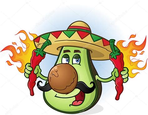 Avocado Mexican Cartoon Character Holding Hot Chili Peppers — Stock ...