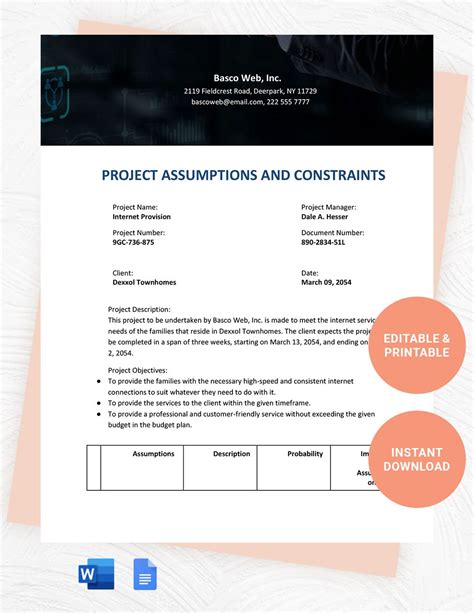 Project Management Assumptions Template in Word, Google Docs - Download ...