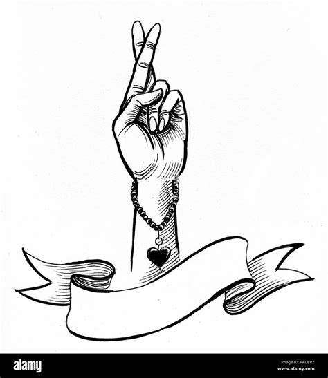 Women hand with fingers crossed and blank banner. Ink black and white drawing Stock Photo - Alamy