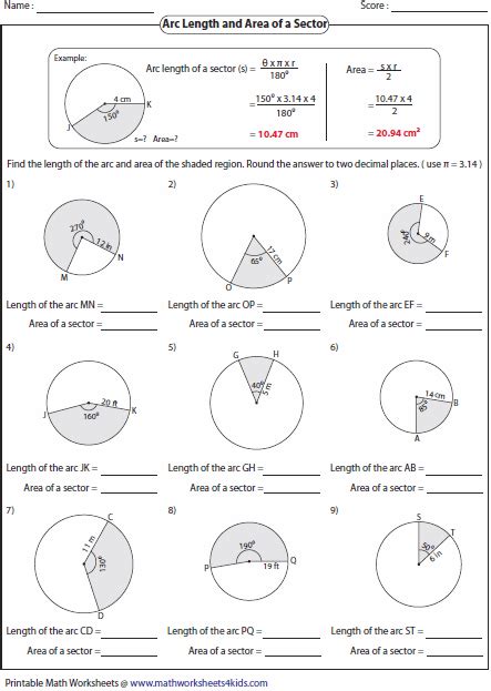 Arc length and Area of Sector Worksheets