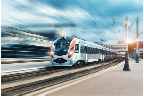 High speed passenger train in motion on railroad | High-Quality Transportation Stock Photos ...