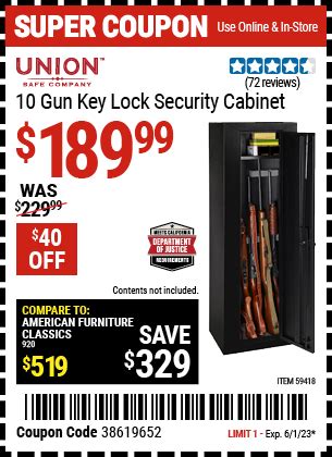 UNION SAFE COMPANY 10 Gun Key Lock Security Cabinet for $189.99 – Harbor Freight Coupons