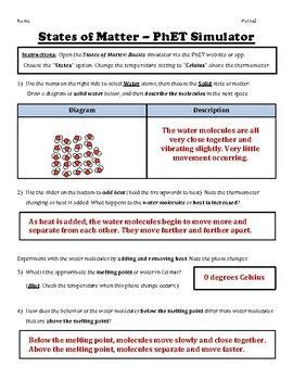 States of Matter and Phase Changes - Digital Lab (PhET Simulator) Worksheet | States of matter ...