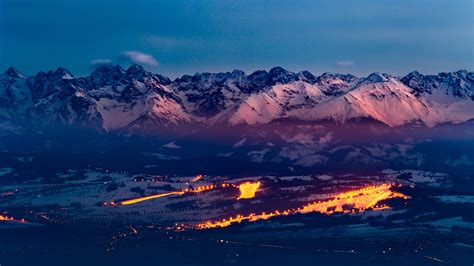 mountains, road, night, snow, snowy mountain, light trails, viaduct ...