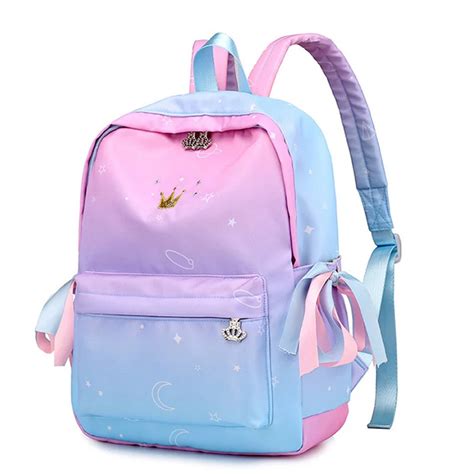 Pink Gradient Color Printing Backpack Women Ribbons Bookbag Cute Crown Embroidery School Bag for ...