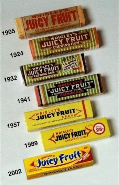 Juicy Fruit gum packaging from 1905 to 2002 | Vintage packaging, Fruit ...