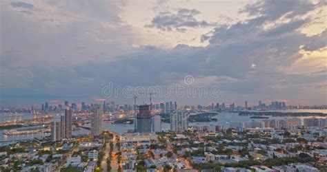 Aerial Top Drone View of Miami Beach on Sunset. Skyline of Miami ...