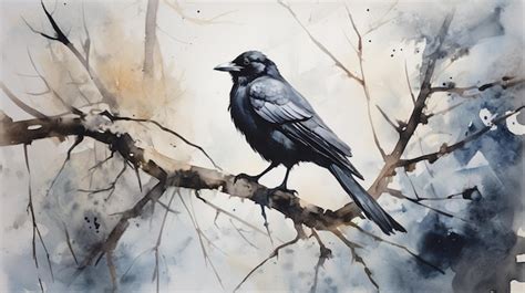 Premium AI Image | A minimalist watercolor painting with a crow on a branch in winter style