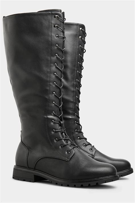 Black Faux Leather Lace Up Knee High Boots In Wide E Fit & Extra Wide ...