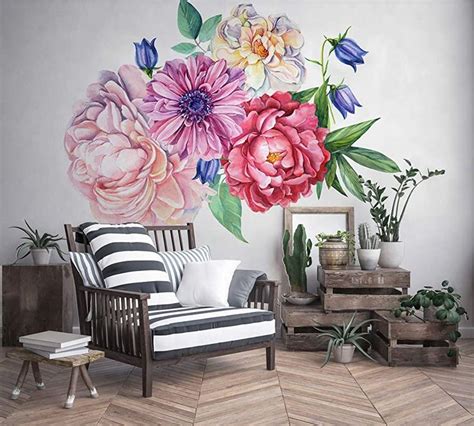 Murwall Peony Large Floral Wall Decal for Bedroom Watercolor Floral ...