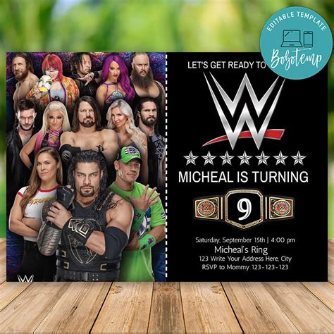 Editable WWE wrestling Birthday Invitation With Photo DIY | Bobotemp