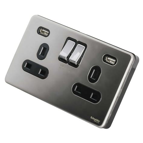 Schneider GET Ultimate 13A 2 Gang Switched Socket with Twin USB Outlets Black Insert Polished ...