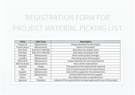 Registration Form For Project Material Picking List Excel Template And Google Sheets File For ...