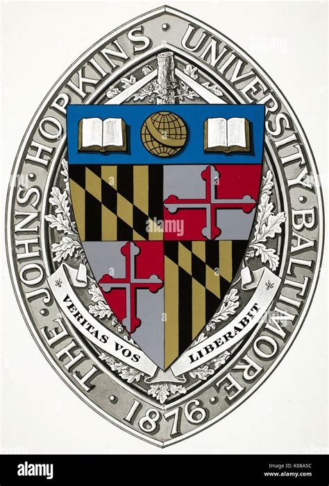 Print of the Johns Hopkins University seal, showing the motto 'Veritas vos liberabit, ' the ...