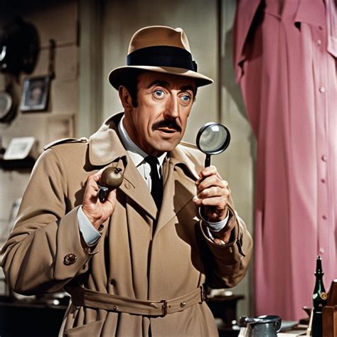 Peter Sellers as Inspector Clouseau in a Pink Panther film. He is wearing a trench coat and ...