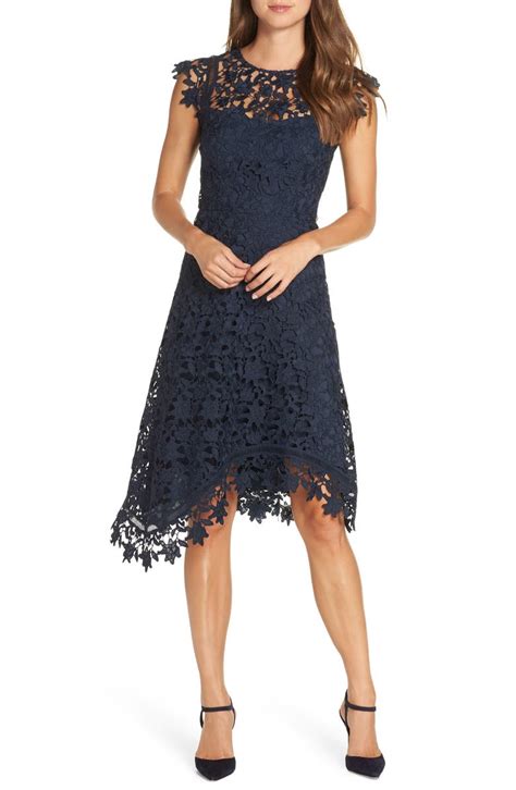 Eliza J Asymmetrical Lace Fit & Flare Dress | Nordstrom