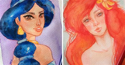 I Illustrated Disney Princesses Using Watercolors | Bored Panda