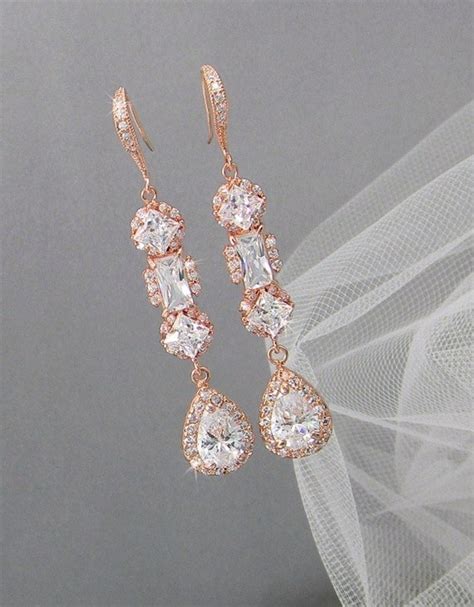 Rose Gold Bridal earrings Wedding jewelry Long by CrystalAvenues