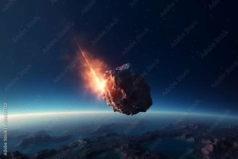 ภาพประกอบสต็อก Comet or asteroid, meteor falling to planet Earth. Planet and big meteorite in ...