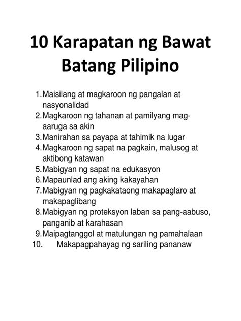 10 Karapatan Ng Bawat Batang Pilipino