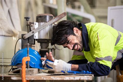 Engineer men wearing uniform accident on machines from work in lathe ...