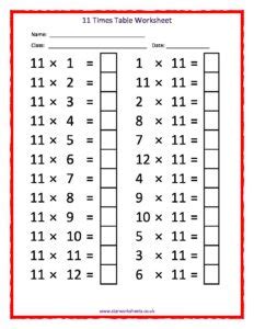 11 Times Tables Worksheet | Star Worksheets