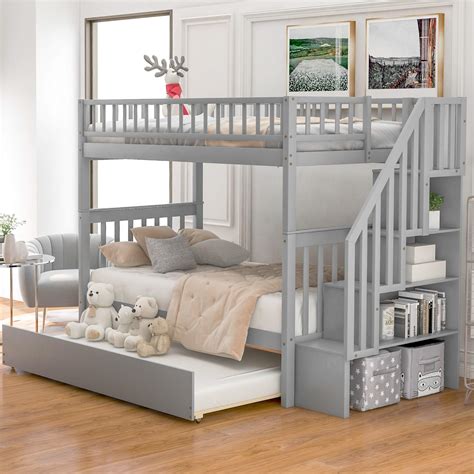 Buy Solid Wood Bunk Bed Frame No Box Spring Needed with Storage Stairways and Guardrails for ...