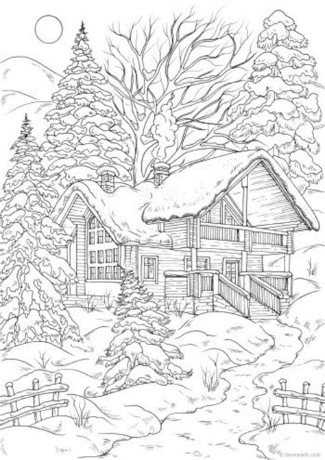 Winter House Printable Adult Coloring Page From Favoreads coloring Book Pages for Adults and ...