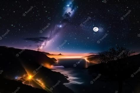 Premium Photo | Starry sky and moon at night in switzerland valley mountains on horizon ...