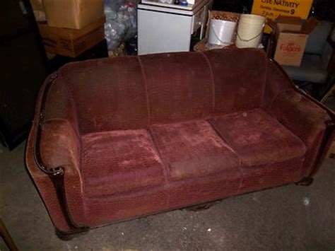 VINTAGE COUCH 1950'S SOFA DAVENPORT OLD NEEDS REUPHOLSTERING WOOD TRIM 3 CUSHION -- Antique ...