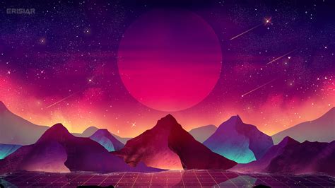 Download wallpaper 2560x1440 terrain, vaporwave, moon, mountains, landscape, art, dual wide 16:9 ...