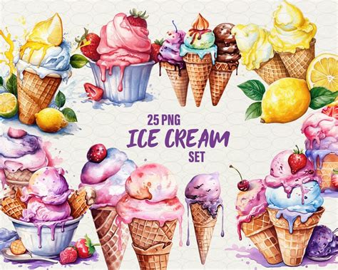 Watercolor Ice Cream Clipart Ice Cream in a Bowl 25 Png Ice - Etsy