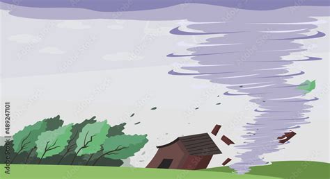 Typhoon And Tornado Storm Destroy Tree And House Cartoon Art - Vector Stock Vector | Adobe Stock