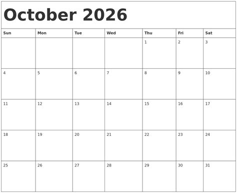 October 2026 Calendar Template