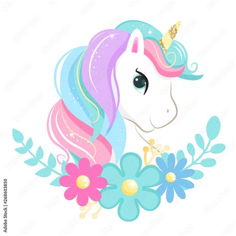 Cute magic cartoon unicorn head with flowers. Illustration for children Stock Vector | Adobe Stock