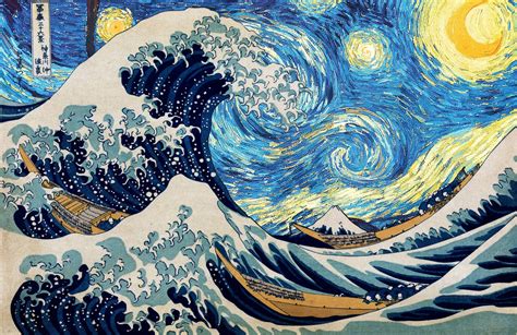 Great Waves of Kanagawa painting, Hokusai, starry night, Vincent van Gogh, The Great Wave off ...