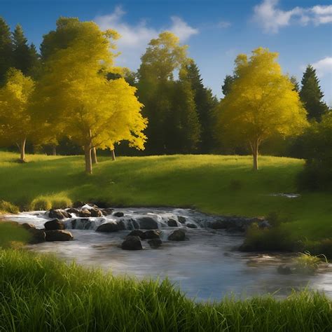 Premium AI Image | A painting of a river with trees in the background