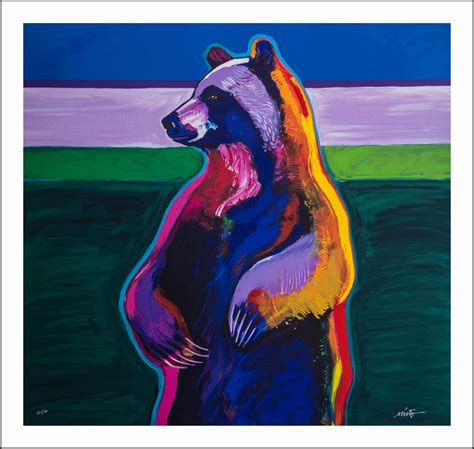 a painting of a bear standing on its hind legs in front of a blue sky