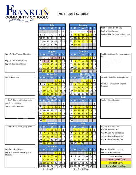 2016 - 2017 School Calendar | Franklin Community High School – Franklin, IN