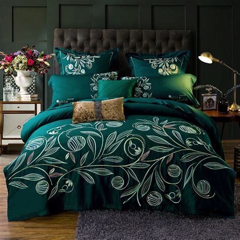 4pcs 100% Cotton 60S Sateen bed linen queen king size green bedding sets luxury embroidered ...