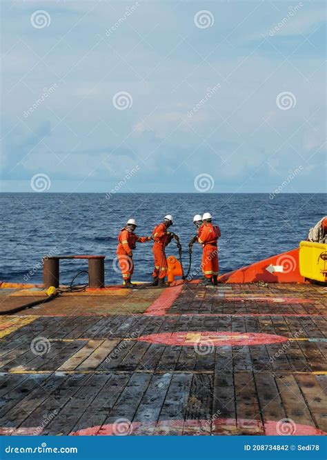 Offshore Marine Crew Operate Tugger Winch During Anchor Handling ...