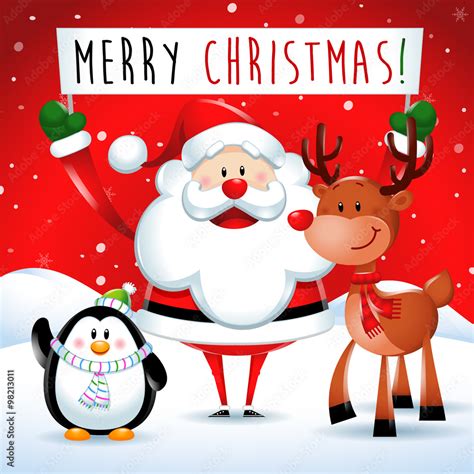 Merry Christmas, Santa Claus and friends in red background Stock Vector | Adobe Stock