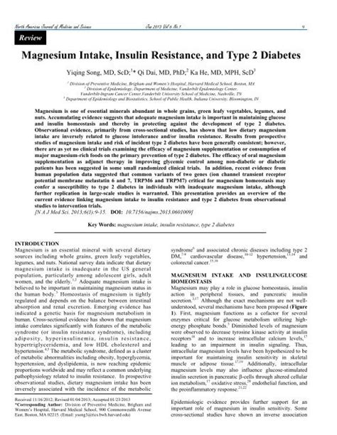 Magnesium Intake, Insulin Resistance, and Type 2 Diabetes