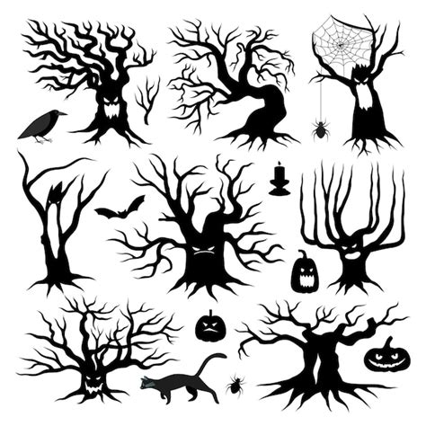 Free Vector | Black silhouettes of spooky halloween dead trees with ...