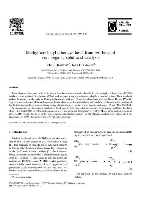 (PDF) Methyl tert-butyl ether synthesis from tert-butanol via inorganic ...